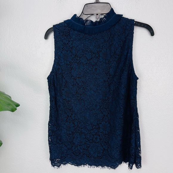 NWT J. Crew Lace Ruffle Neck Top Navy Blue Sleeveless - Picture 5 of 7